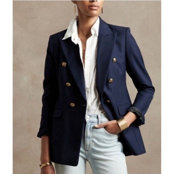 Banana Republic Icon Captain Blazer Navy Blue Lion Gold Buttons 2 Petite Xs - Picture 1 of 10